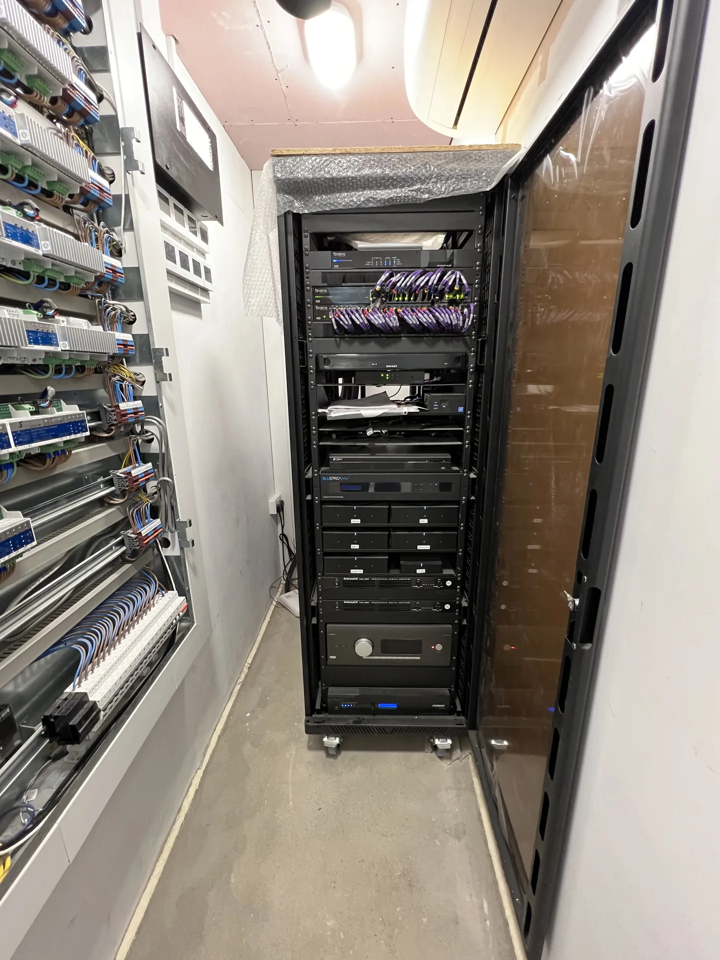 KNX smart home infrastructure and AV rack installation